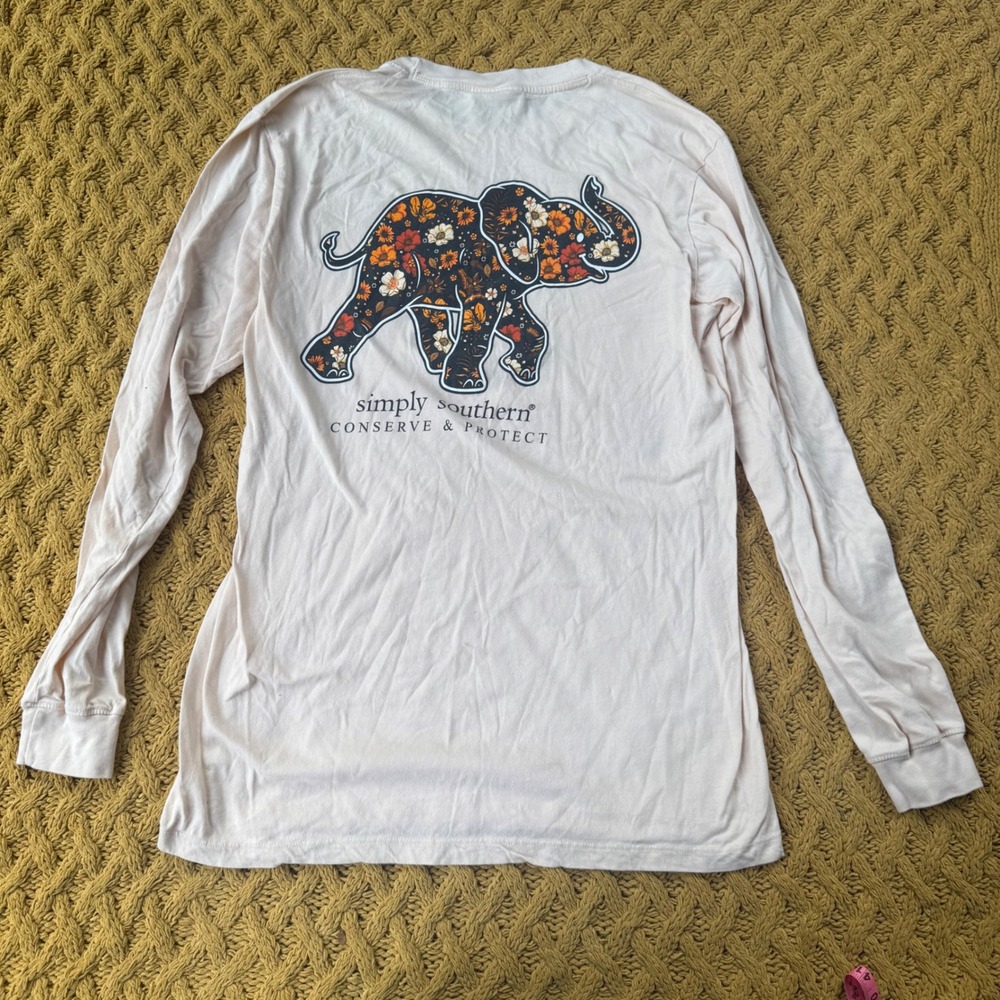 Simply Southern Conserve & Protect Floral Elephant Long Sleeve Shirt Peach M
